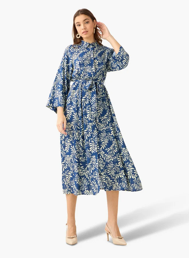سبلاش فيڤ Leaf Print Viscose Women Shirt Dress with Belt
